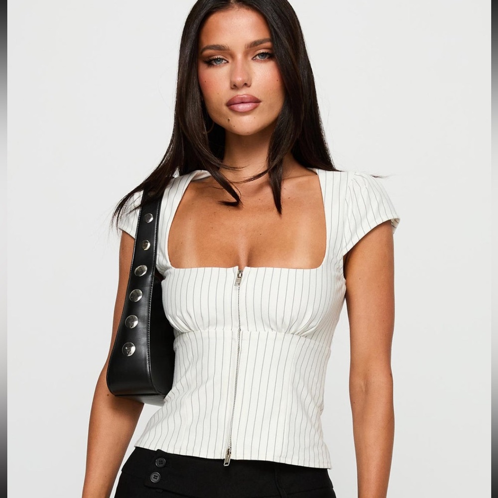 Princess Polly Santa Cruz Zip Through Top White Pinstripe